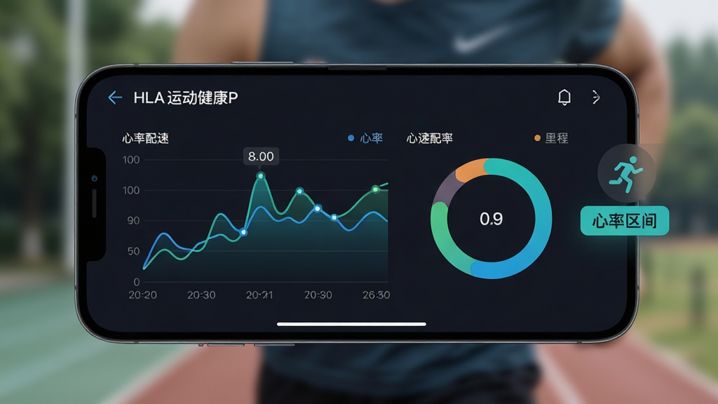 画面主体为一块大屏智能手机横屏展示HLA运动健康APP的运动记录详情页,页面以折线图和环形图呈现心率、配速等数据,背景虚化处理,突出前景数据图表,右侧悬浮着跑步小人图标和“心率区间”标签,整体排版清晰,信息层级分明,采用现代简约风格,蓝绿色数据线条搭配深色背景,细节处可见时间轴和里程标记,画质细腻,无杂乱元素。