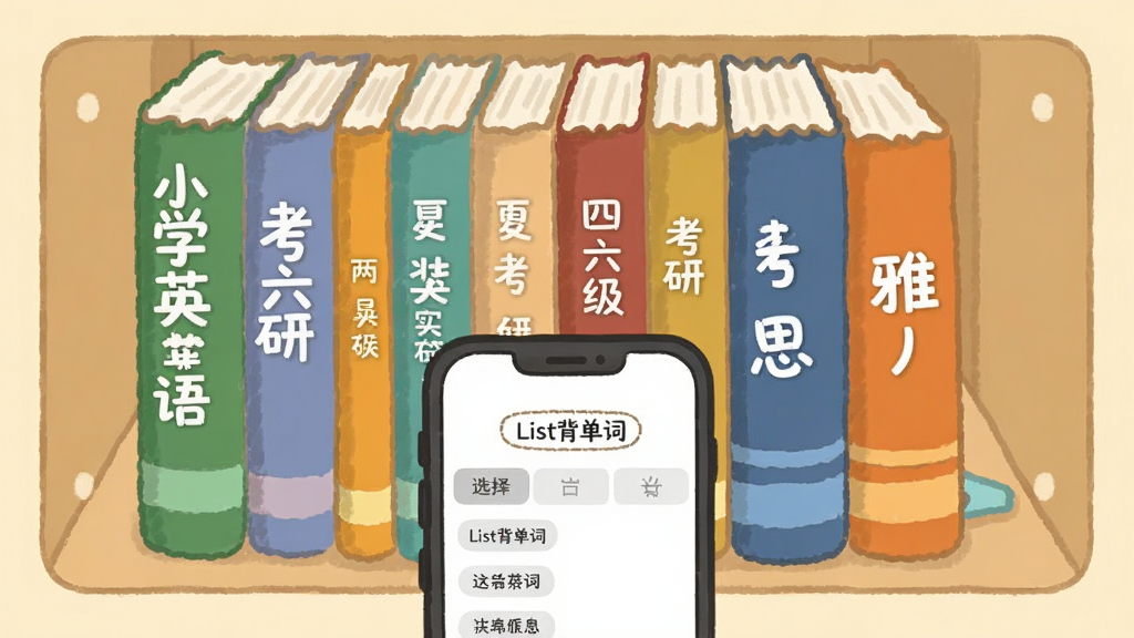 一幅书架风格的插画,多本彩色书籍的书脊上印有