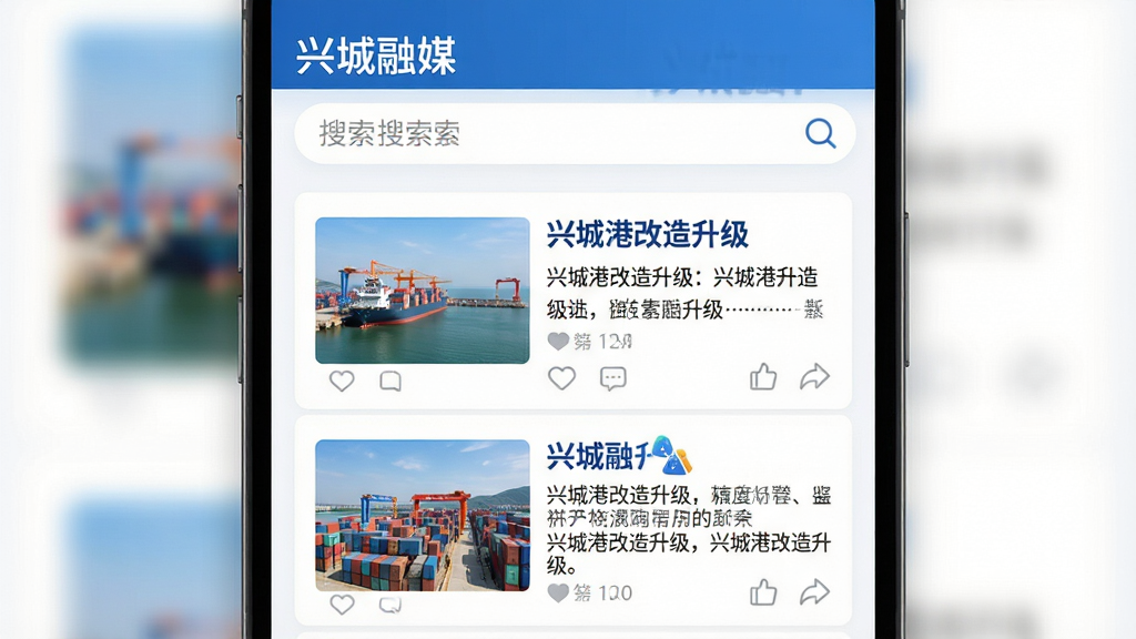 画面主体为一张新闻资讯列表界面截屏设计,顶部含有“兴城融媒”字样与搜索栏,下方为图文并茂的新闻卡片排列;布局为纵向滚动列表,每个卡片包含标题缩略图与摘要;排版清晰简洁,字体端正,突出可读性;风格为现代新闻客户端风格,配色以白底蓝字为主;细节上模拟真实新闻图片与标题,如“兴城港改造升级”;画质高清,画面干净,无多余装饰元素。