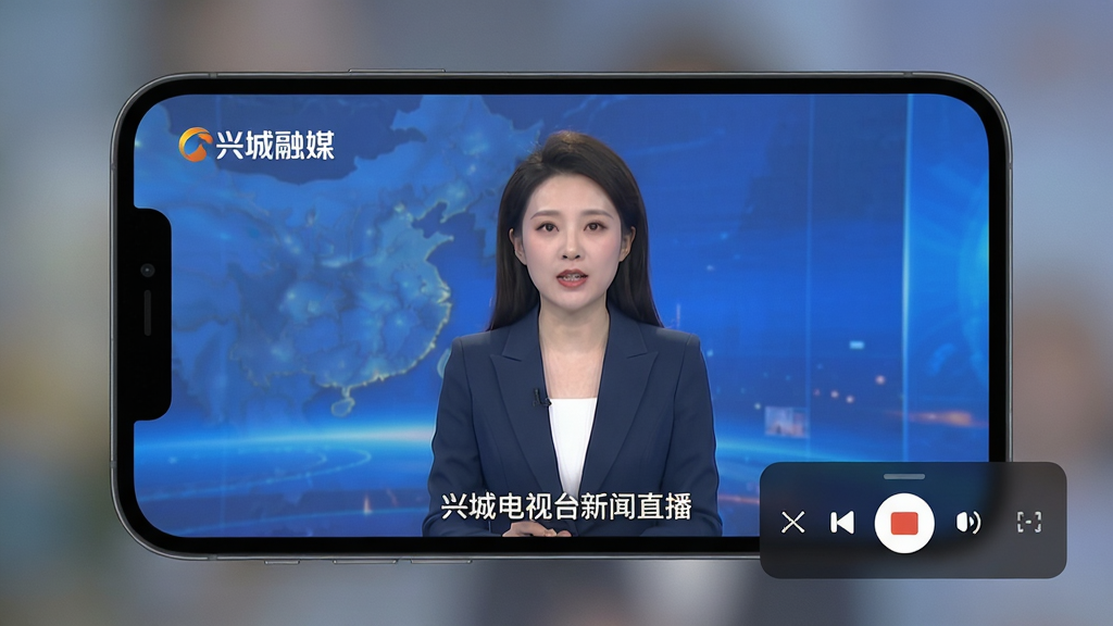 画面主体为手机正在播放兴城电视台新闻直播,屏幕中显示新闻主播画面与“兴城融媒”台标;布局采用画中画形式,主画面为直播内容,右下角悬浮控制栏;排版干净,聚焦直播画面;风格为写实电视直播场景,色彩自然,光线柔和;细节上突出主播神态与字幕信息;画质为1080P高清,背景虚化,无多余元素,体现软件直播功能的流畅与清晰。