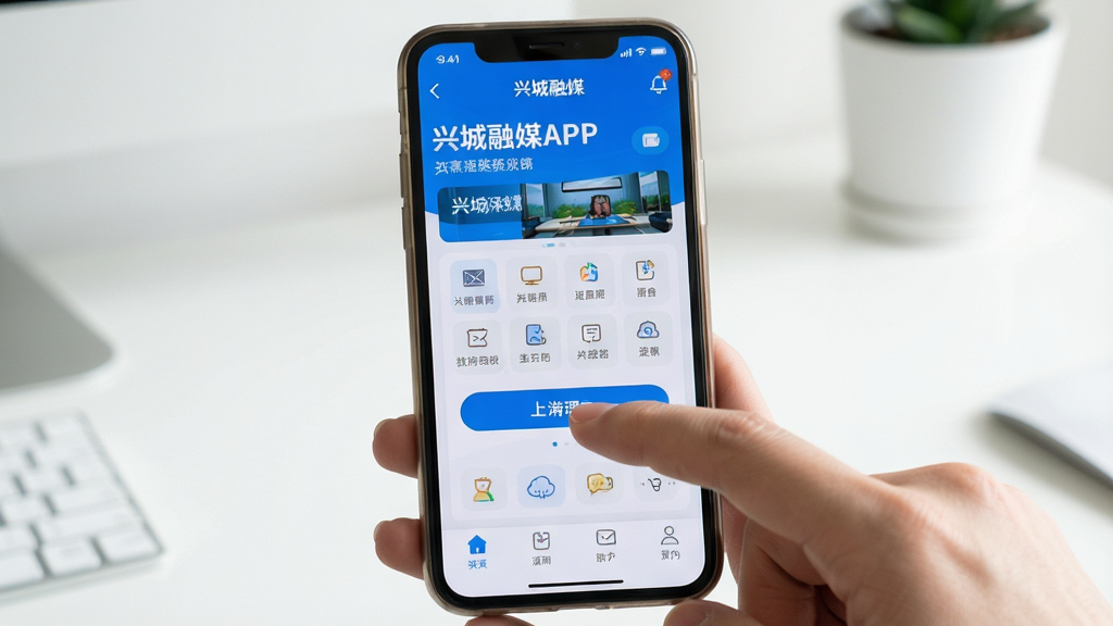 画面主体为手机操作兴城融媒APP的实拍场景,手指点击屏幕上的功能按钮;布局为平视视角,手机占据画面中央,周围环境简洁;排版突出手机屏幕中的界面内容;风格写实自然,光线明亮,色彩真实;细节上屏幕显示应用主界面,手指动作清晰;画质高清,背景干净,无多余杂物,体现软件易用性和操作流畅度。