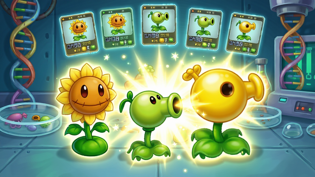 主体:植物大战僵尸杂交版(无限阳光)中的植物实验室,一株向日葵和一株豌豆射手正被光芒包裹,融合成一株全新的阳光豌豆射手。布局:实验室背景为培养皿与基因链装饰,中央是融合过程的高光特效,上方漂浮着各种植物基因图鉴。排版:画面层次分明,融合植物置于视觉中心。风格:科技感与卡通结合,色彩绚丽,细节精致,画质高清,干净无多余元素。