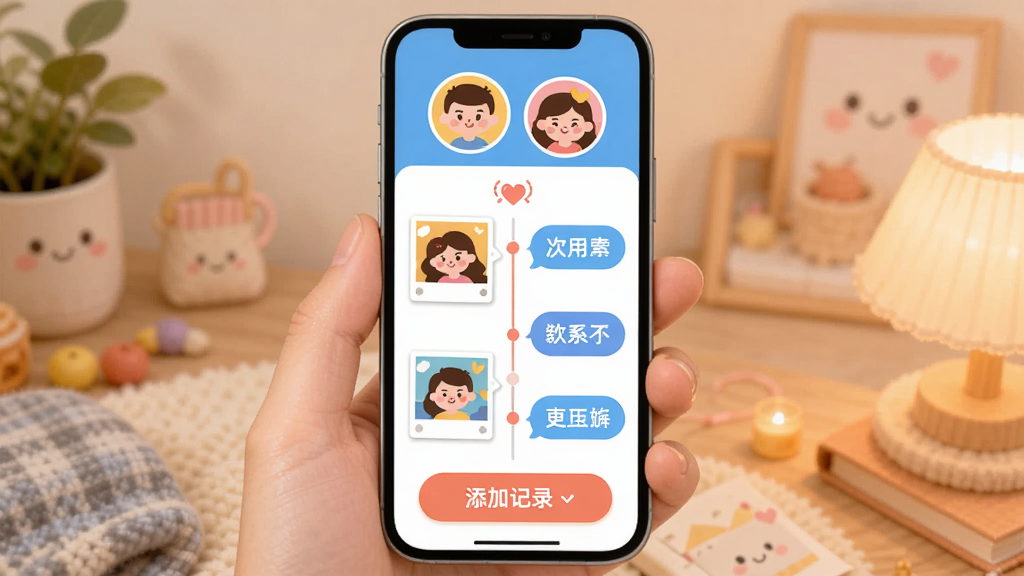 �ֻ���Ļչʾ����ǩר���ռ�ҳ�棬������ʾ������ͨͷ���м�Ϊʱ������ʽ��ͼ�ļ�¼������Ƭ���������ݣ��ײ��С����Ӽ�¼����ť������UI���Բ��ɰ���ɫ�����죬���ñ�ƽ����񣬻��������ɾ���ͻ����ܰ˽�ܸС�