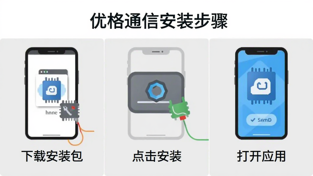 展示优格通信安装步骤的图片,画面分为三步,第一步下载安装包,第二步点击安装,第三步打开应用,每一步都有简洁图标和文字说明,背景为浅灰色,风格简洁明了。