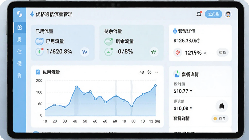 展示优格通信流量管理界面的图片,画面以仪表盘形式展示流量使用情况,包含已用流量、剩余流量和套餐详情,图表清晰,配色以浅蓝和白色为主,数据展示直观易懂。