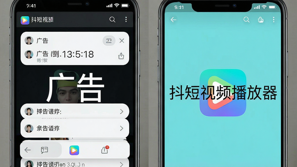 一张手机屏幕截图对比图,左侧是带有“广告”字样倒计时和杂乱弹窗的普通播放界面,右侧是使用“抖短视频播放器”后干净无广告的播放界面,右侧界面中央显示“抖短视频播放器”的水印字样,布局采用左右分割式,风格写实清晰,细节突出右侧画面的清爽感,画质超清,干净,无多余元素