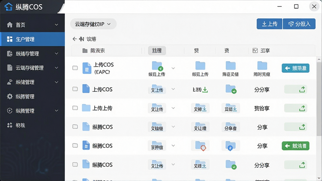 一张纵腾COS软件主界面的高清截图,主体是简洁明了的云端存储管理面板,布局上左侧为功能导航栏,右侧为文件列表区域,整体排版清晰有序,风格偏向现代化商务科技感,细节上突出文件上传、下载、分享等核心功能按钮,画质清晰干净,无多余元素,图片中显示文字“纵腾COS”。