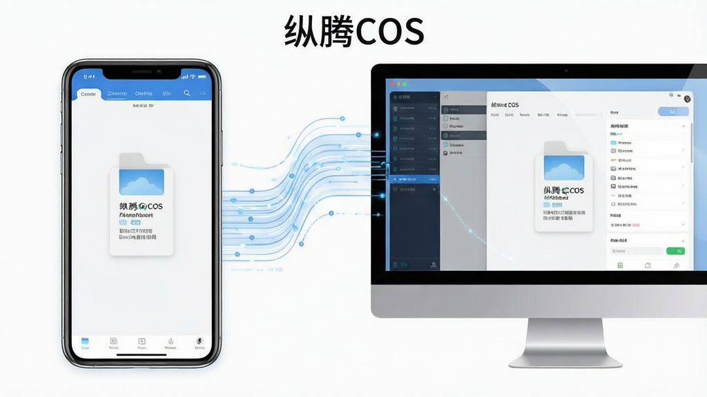 一张纵腾COS软件在手机与电脑多设备间同步数据的场景示意图,主体为手机与电脑屏幕中显示相同文件内容,布局上左右对称放置设备,排版具有科技互联感,风格现代简约,细节上突出云端同步的流畅线条,画质干净清晰,无多余元素,图片中显示文字“纵腾COS”。