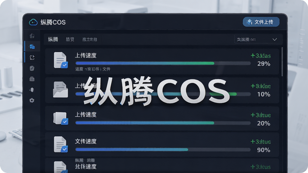 展示纵腾COS软件批量上传功能的操作界面预览图,主体为正在上传多个文件的进度列表,布局上文件图标与进度条整齐排列,排版直观明了,风格写实且具有科技感,细节上突出上传速度与文件状态标识,画质清晰干净,无多余元素,图片中显示文字“纵腾COS”。