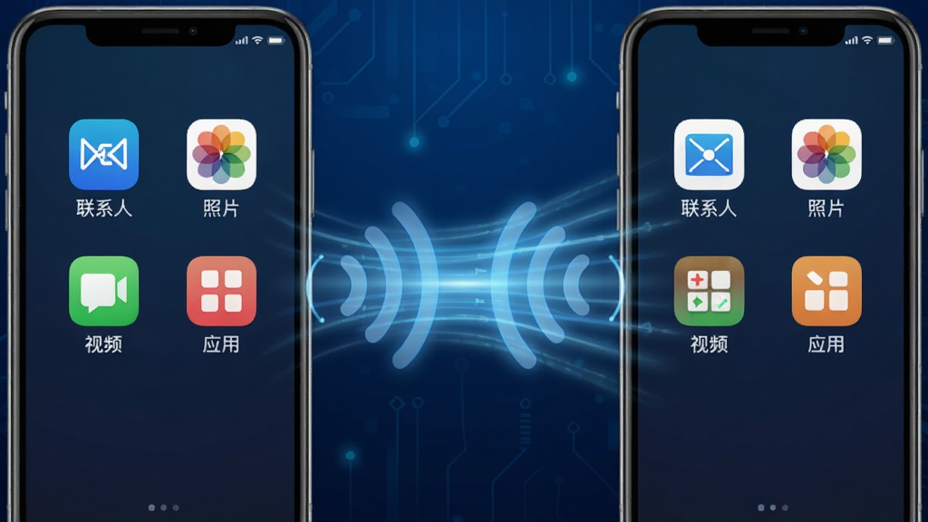 手机搬家换机助手应用界面截图风格图片,主体为两部手机通过无线信号连接,中间有数据流动的光束,屏幕上显示