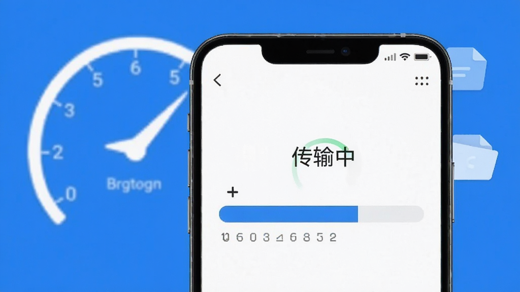 手机搬家换机助手操作界面截图风格图片,主体为一部手机屏幕上显示迁移进度条,背景有速度表和文件图标,画面采用极简设计,主色调为蓝色和白色,清晰展示“传输中”状态,画质高清,无多余元素。