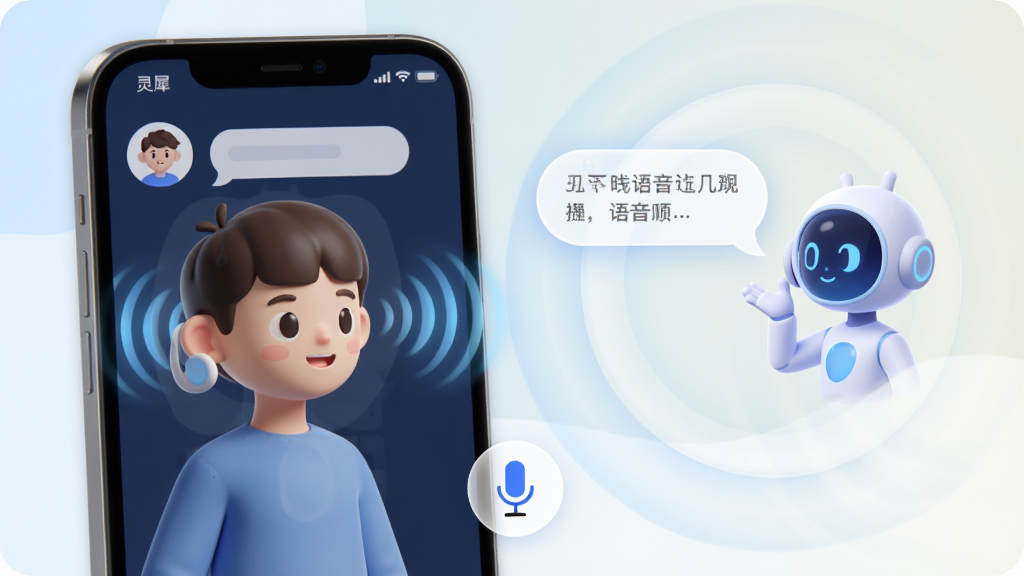 主体:展示灵犀晓伴App的语音对话界面,用户对着手机说话,屏幕中的虚拟伙伴正在聆听并回应,周围有声音波纹特效。布局:左侧为卡通用户头像,右侧为AI伙伴的对话气泡,界面下方有麦克风按钮。排版:突出对话的流畅感,气泡设计圆润,背景使用浅色系,营造轻松交流氛围,画质高清,干净无多余元素。