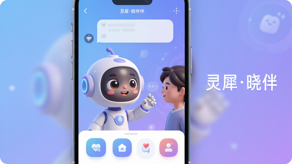 主体:灵犀晓伴App的主界面,展示一个可爱的AI虚拟伙伴形象,正微笑着与用户互动。布局:界面清晰,上方为对话窗口,下方为功能按钮,整体呈现手机竖屏样式,旁边有“灵犀晓伴”字样。排版:突出虚拟伙伴的3D卡通形象,背景为柔和的渐变蓝紫色调,科技感与温馨感并存。风格:现代扁平化结合微立体,色彩明亮,细节精致,画质高清,干净无多余元素。