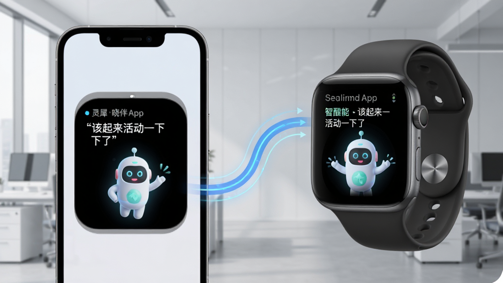 主体:灵犀晓伴App在智能手表上的提醒界面,显示“该起来活动一下了”的文字,并有虚拟伙伴的动画。布局:左侧为手机,右侧为手表,中间用动态线条连接,象征同步。排版:突出跨设备联动的场景,背景为现代办公室,浅灰色调,风格简约,画质高清,干净无多余元素。