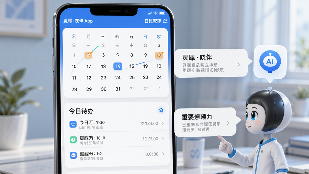 主体:灵犀晓伴App的日程管理界面,展示日历视图和任务列表,虚拟伙伴在旁提示重要事项。布局:上方为日历,下方为今日待办列表,右边悬浮AI助手图标。排版:界面采用卡片式设计,色彩清新,使用蓝白主色调,突出时间轴和提醒标记,画质高清,细节丰富,干净无多余元素。