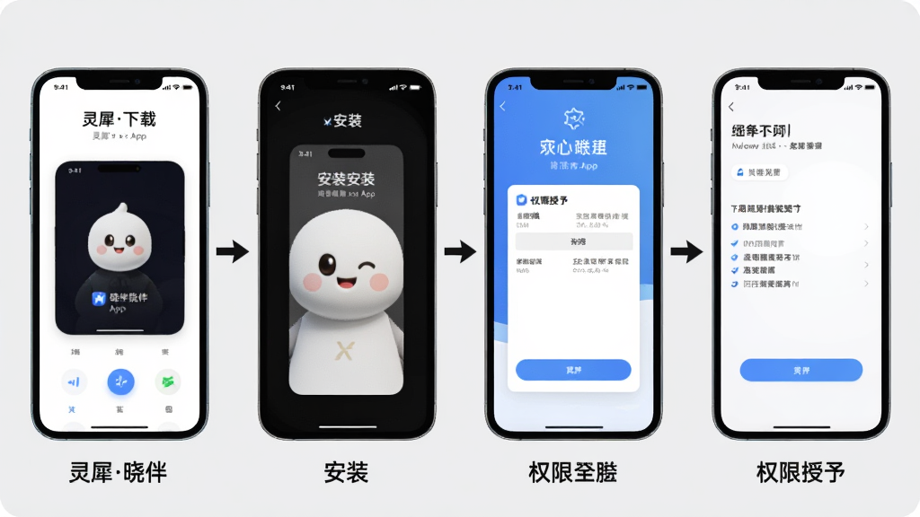 主体:展示灵犀晓伴App在手机上的安装步骤图,包含下载、安装、权限授予等关键界面。布局:分步骤展示,每张截图下方有文字说明,背景为浅灰色。排版:步骤清晰,箭头指示,风格简洁明快,画质高清,干净无多余元素。