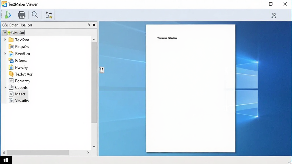 TextMaker Viewer软件主界面截图,左侧文件列表,右侧文档预览区,工具栏清晰显示打开、打印、缩放按钮,整体风格简洁明亮,Windows系统界面,干净无多余元素,高画质