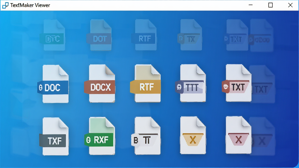 TextMaker Viewer软件展示多格式文件列表图标,包括DOC、DOCX、RTF、TXT等,背景为渐变蓝色,图标悬浮排列,界面科技感,干净无多余元素,高画质