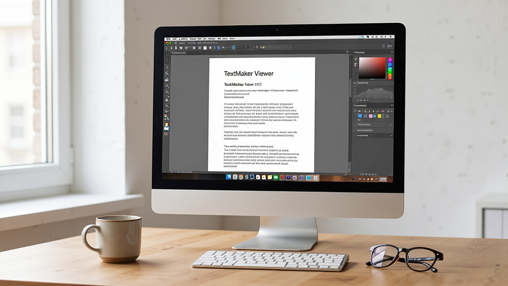 TextMaker Viewer使用场景示意图,电脑屏幕显示文档内容,旁边有咖啡杯和眼镜,办公桌面,自然光,干净无多余元素,高画质