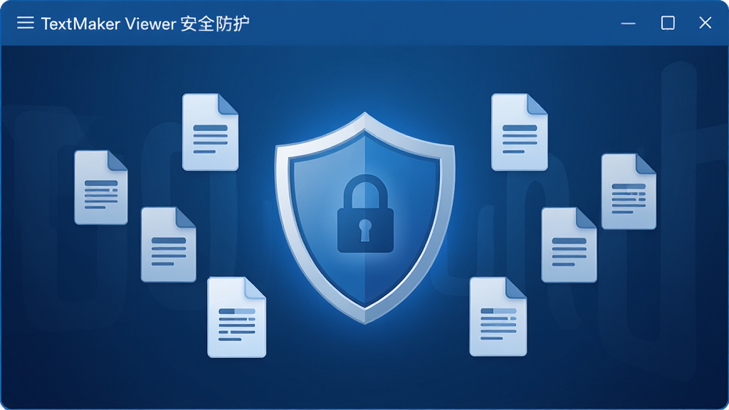 TextMaker Viewer安全防护界面,盾牌图标背景,周围环绕文档文件图标,蓝色调,专业感,干净无多余元素,高画质