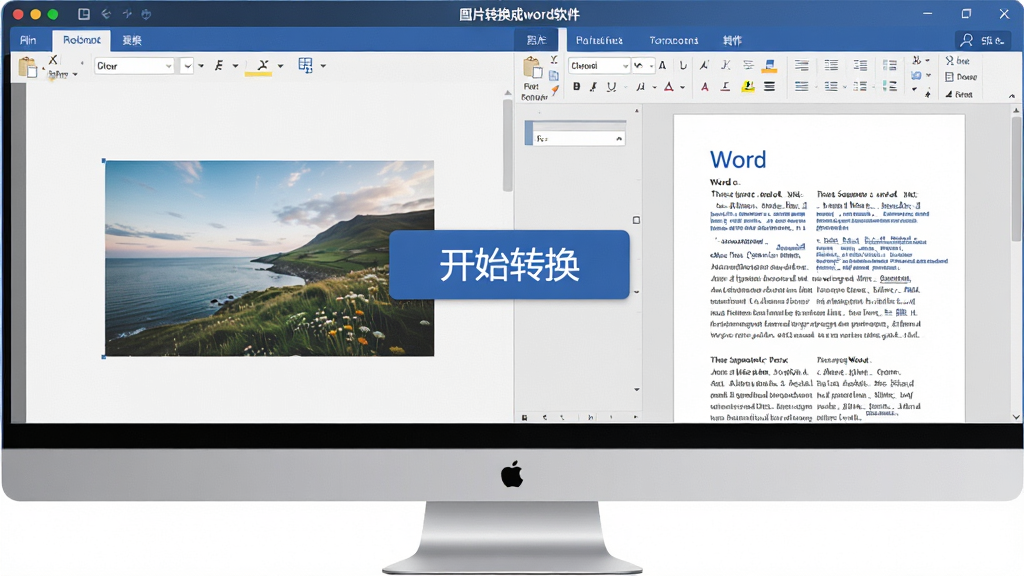 一张高清产品展示图,主体为“图片转换成word软件”的电脑端操作界面,左侧是图片预览区,右侧是转换后的Word文档预览,中间有醒目的“开始转换”按钮,整体布局清晰,排版整齐,风格简约现代,细节丰富,画质清晰干净,无多余元素
