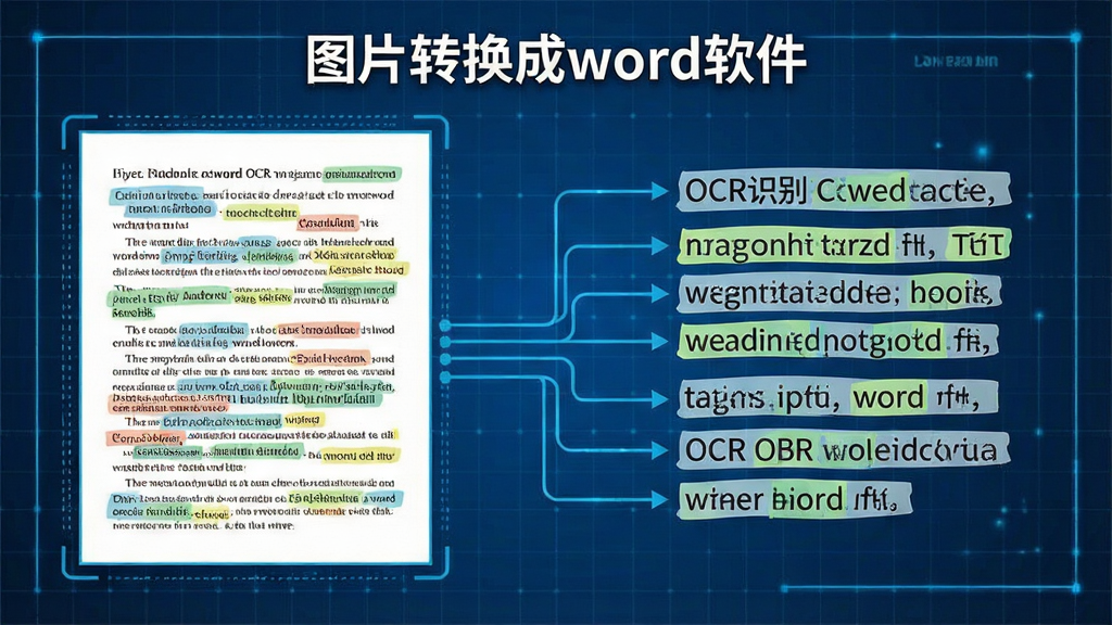 一张功能示意图,主体为“图片转换成word软件”的OCR识别过程,左侧是含有多行文字的图片,右侧是识别出的文字被高亮标记,中间通过线条连接,展示文字被逐个提取,背景为科技感蓝色网格,布局清晰,排版直观,风格专业,细节丰富,画质清晰,无多余元素