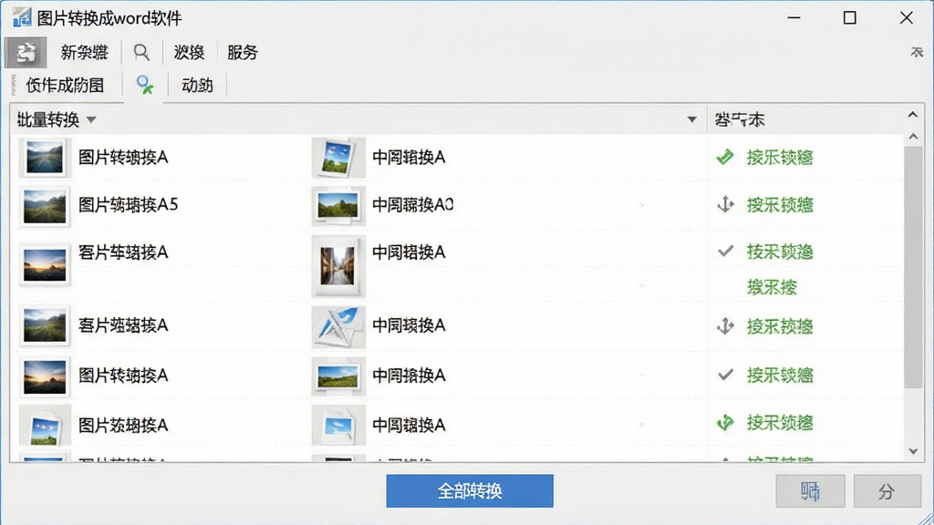 一张批量操作界面截图,主体为“图片转换成word软件”的批量转换列表,显示多张图片文件名及状态,底部有“全部转换”按钮,界面元素排列整齐,风格简洁,细节清晰,画质干净,无多余元素