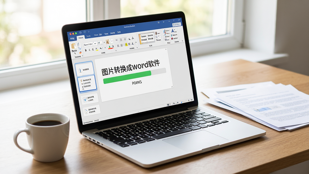 一张使用场景图,主体为“图片转换成word软件”在笔记本电脑上运行,屏幕上显示转换进度条,旁边放着一杯咖啡和几份纸质文件,整体环境明亮整洁,布局自然,风格写实,细节丰富,画质清晰,无多余元素
