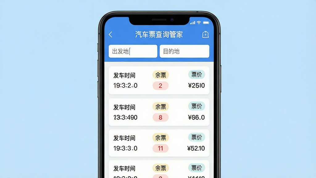 画面主体为手机界面截图风格展示,屏幕中显示“汽车票查询管家”的班次列表,顶部搜索栏有“出发地”与“目的地”的输入框,下方依次排列多条班次卡片,每张卡片上印有“发车时间”、“余票”、“票价”等小标签。背景为纯净的浅蓝色渐变,界面UI风格扁平化,视觉中心突出,字体清晰,排版整齐,画质高清,无多余装饰元素。