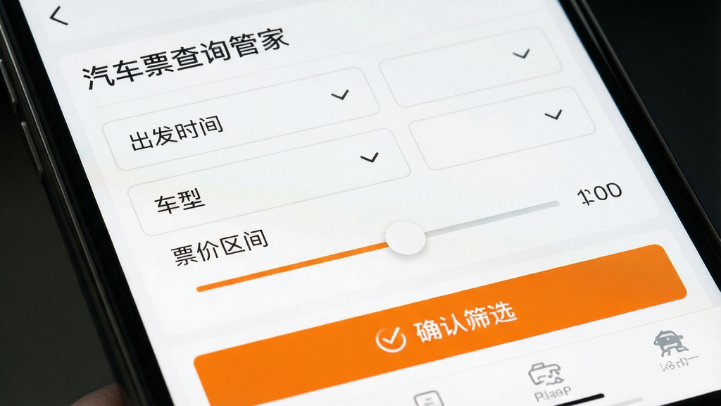 主体为手机屏幕特写,屏幕内展示“汽车票查询管家”的筛选界面,出现多个下拉菜单与滑块控件,分别标注“出发时间”、“车型”、“票价区间”,屏幕下方有一个醒目的橙色“确认筛选”按钮。整体为简洁的APP界面设计,白色背景配以浅灰分割线,功能区域划分明确,UI元素精致,画质清晰,无多余文字。