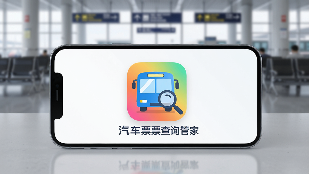 画面主体为一部亮屏的智能手机,屏幕正中央显示“汽车票查询管家”的彩色应用图标与名称,图标由一辆简约的蓝色巴士与放大镜构成。手机横置于浅灰色桌面上,背景虚化处理,隐约可见车站候车厅的轮廓。整体采用商业产品展示风格,高清渲染,光线柔和,细节干净,无多余杂物。