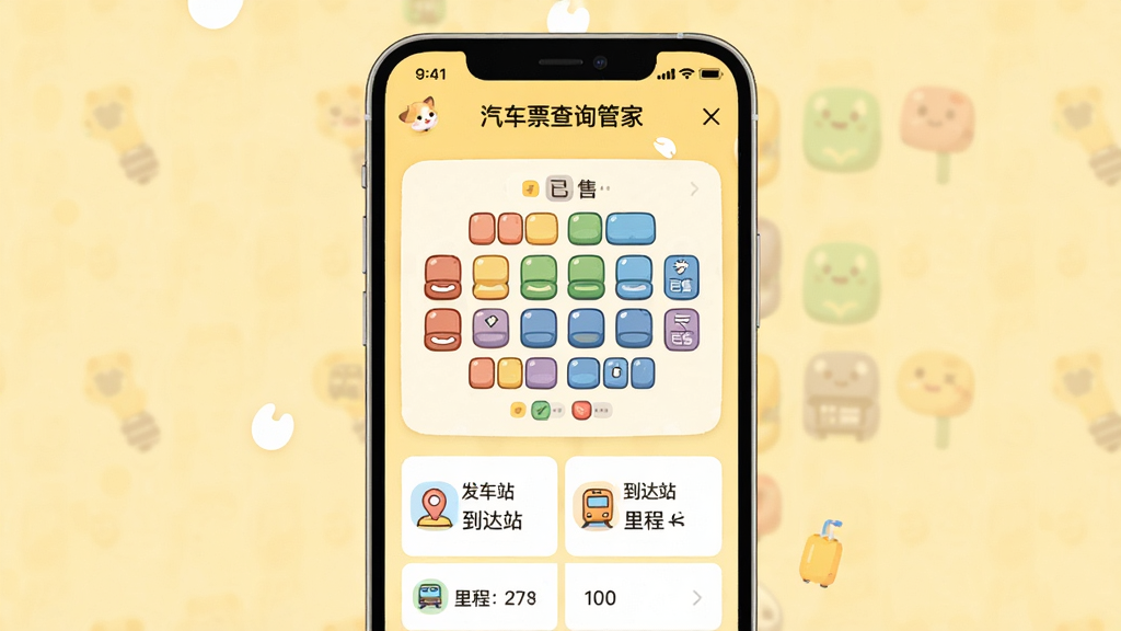 画面展示“汽车票查询管家”的车次详情页,手机屏幕中央显示一张卡通风格的座位分布图,以不同颜色区分已售与可售座位,下方罗列着“发车站”、“到达站”、“里程”等文本框。页面背景为淡黄色温暖色调,UI设计注重信息层级,图标形象生动,整体干净美观,高分辨率展示。
