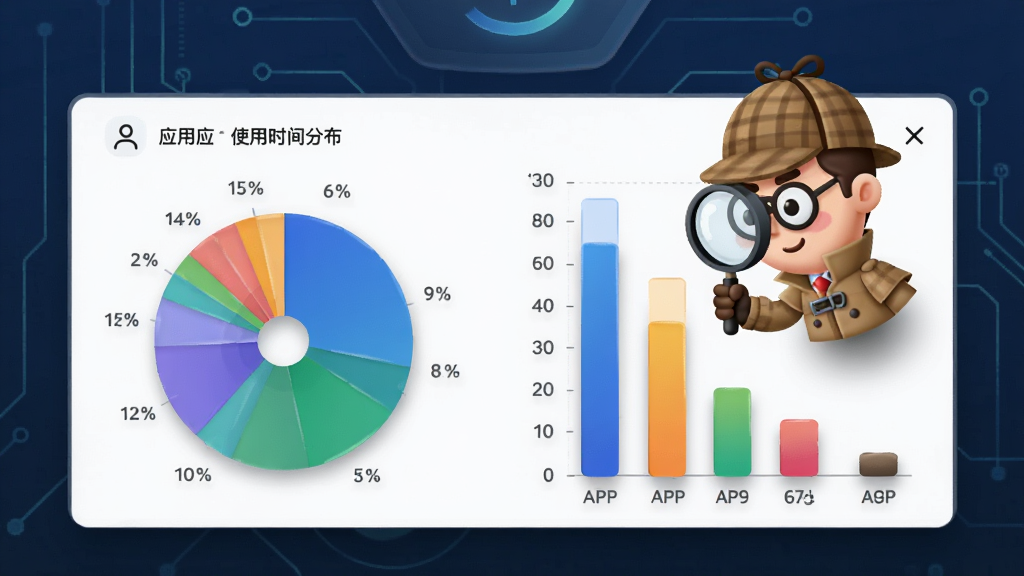 画面主体为一幅手机应用使用时间分布饼图,旁边配有彩色条形图对比不同APP使用时长,背景为简约深蓝科技感界面,图表旁悬浮着时间侦探的卡通侦探图标,手持放大镜审视数据,整体布局平衡,排版强调数据可视化,风格为现代科技插画,细节包含图表刻度和图标阴影,画质清晰,干净无多余元素