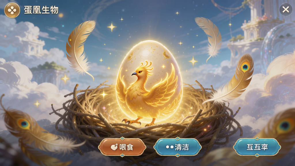 蛋凰生物游戏主界面预览图,展示一颗散发柔和金光的凤凰蛋置于华丽的巢穴中,周围环绕着漂浮的羽毛与星光,背景是梦幻的云端仙境,界面布局简洁清晰,包含喂食、清洁、互动等主要功能按钮,整体风格明亮治愈,画质细腻干净,无多余元素。