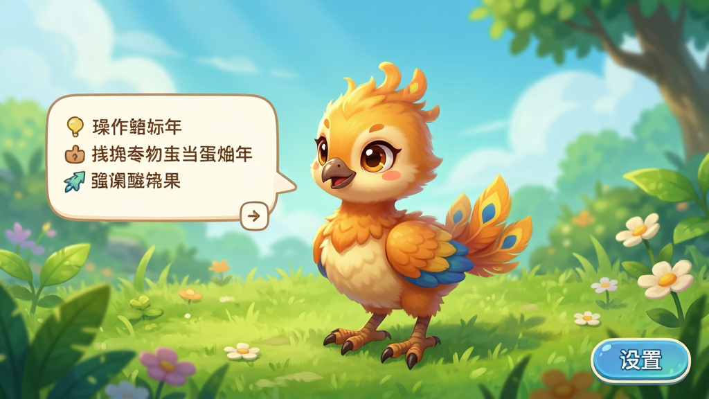 蛋凰生物新手引导场景,画面中一只小巧的凤凰幼雏站在草地上,旁边有对话气泡提示操作要点,界面右下角有设置按钮,整体风格清新自然,色彩明快,画质清晰,干净无杂物。