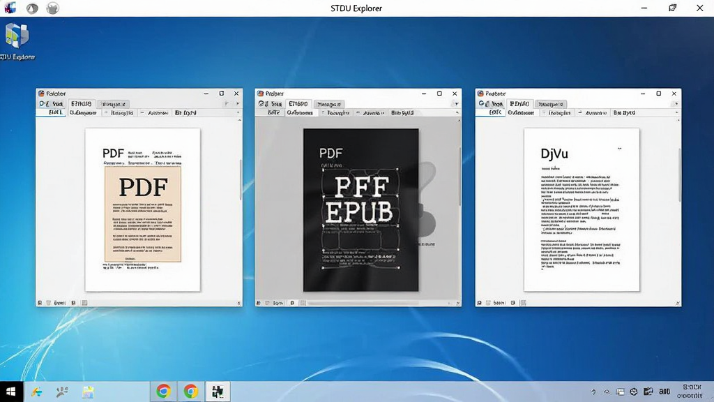 STDU Explorer软件功能展示图,桌面环境下打开PDF、EPUB、DjVu三种文档窗口,并排对比,界面清晰,标签页布局,现代简约风格,高清细节