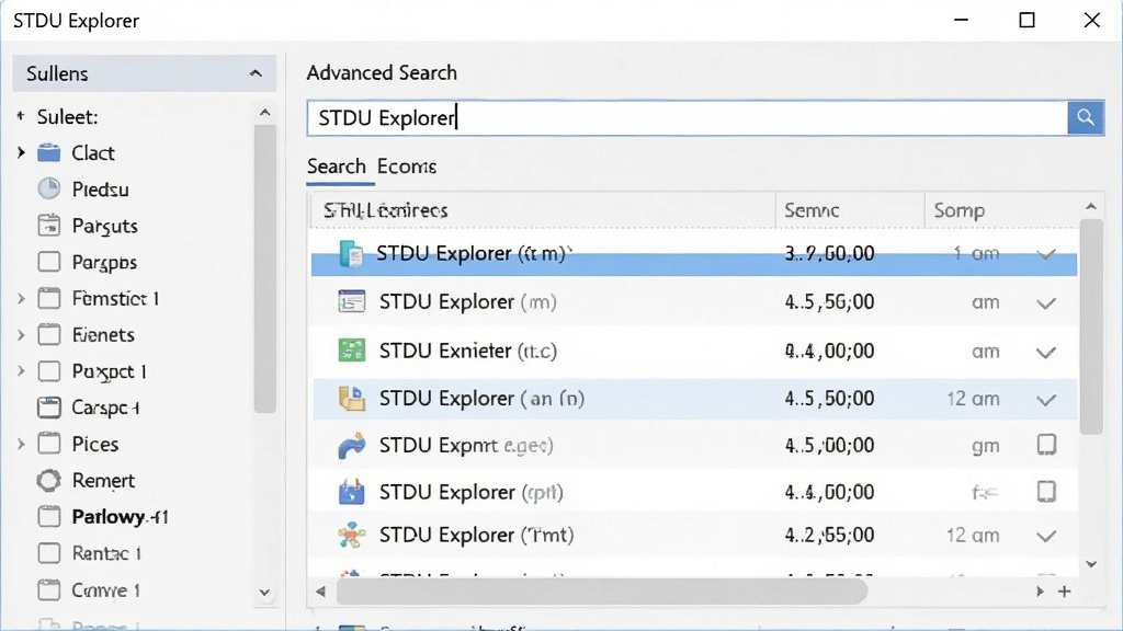 STDU Explorer高级搜索功能界面,搜索框输入关键词,下方列表展示结果并高亮,左侧筛选面板,整体浅色背景,柔和阴影,画质清晰