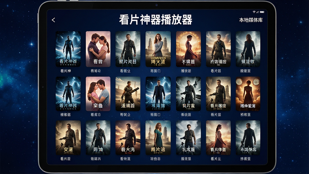 主体:看片神器播放器的海报墙管理界面,一个平板横屏显示,屏幕上整齐排列着数十部电影的海报封面,每张海报下方有电影名称。布局:平板位于画面中央,背景为深蓝色带星星点点的光效,平板屏幕占据了大部分视觉区域。排版:网格布局,海报大小统一,行间距与列间距一致,上方第一行中间有“看片神器播放器”的白色文字。风格:现代影视风,色彩丰富但和谐。细节:海报封面风格多样,有科幻、爱情、动作等类型,屏幕右上角有“本地媒体库”字样,整体美观有序。画质:高清,干净,无多余元素。