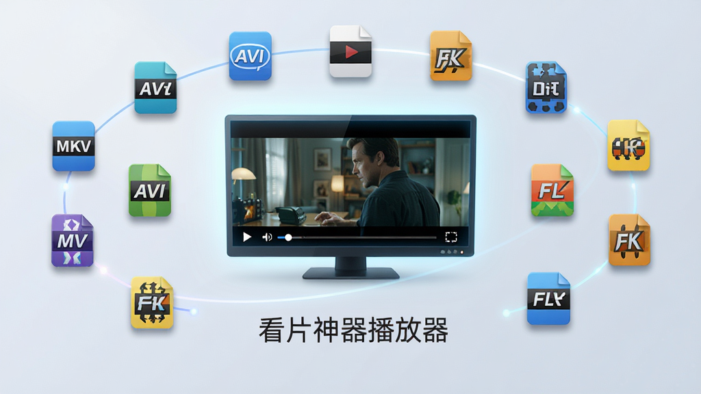 主体:看片神器播放器“万能解码”功能示意图,桌面摆放着多种视频格式的图标(如MKV、AVI、MOV、FLV等),中央是一块发光的屏幕,屏幕上显示着播放中的电影画面。布局:平面俯视视角,各种格式图标环绕在屏幕周围,像卫星轨道一样,屏幕位于正中,光线柔和。排版:对称式环绕布局,每个图标大小一致,间距均匀,屏幕下方有“看片神器播放器”字样。风格:清爽科技风,色彩明快。细节:图标有轻微投影,屏幕发光效果自然,画面中电影场景清晰,整体显得专业可靠。画质:高清,干净,无多余元素。