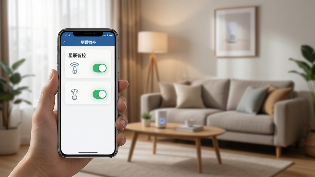 一张关于星联智控App使用场景的配图,画面展示用户手持手机通过“星联智控”App控制客厅智能设备,手机屏幕上有设备开关界面,背景为舒适的居家环境,光线柔和,布局清晰,风格写实,细节丰富,画质干净,无多余元素。