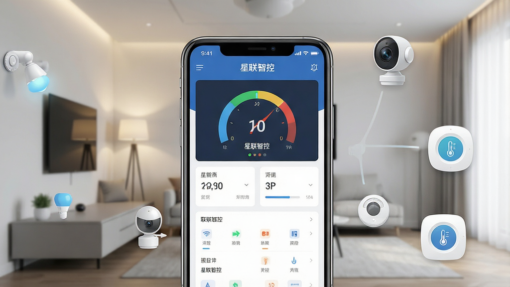 一张展示星联智控App主界面的高清宣传图,画面中央是一部智能手机,手机屏幕显示“星联智控”App的仪表盘界面,背景为现代简约风格的客厅,带有智能灯光、摄像头、温控器等设备图标环绕,整体布局干净整洁,排版层次分明,风格为科技感扁平化,细节丰富,画质清晰,干净无多余元素。