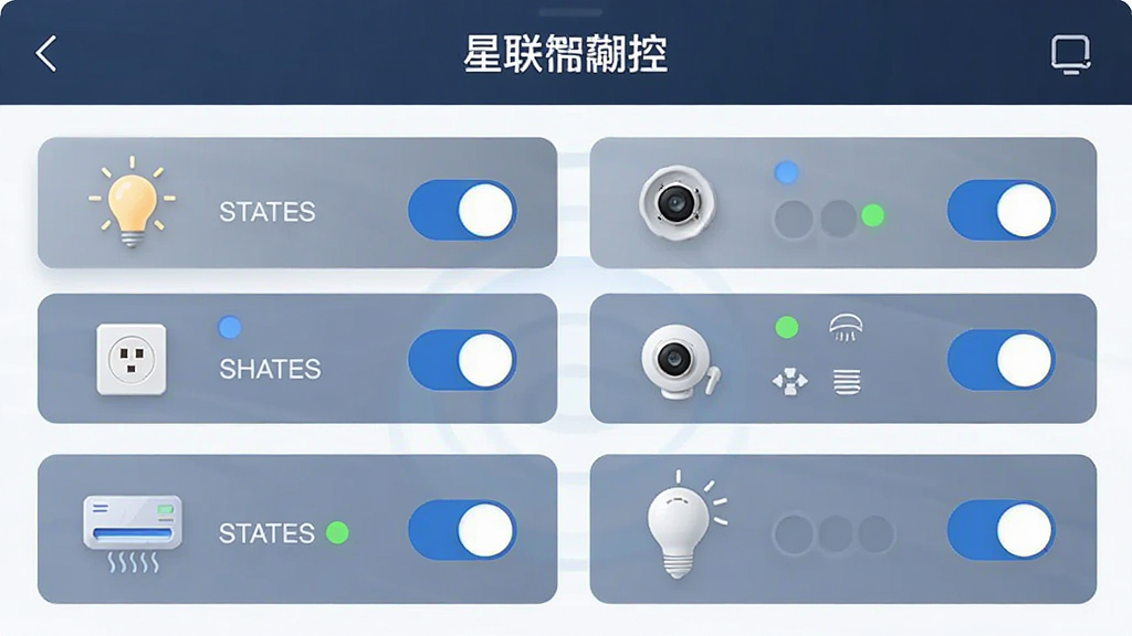 一张功能示意图,画面显示“星联智控”App的设备管理页面,列表中有灯泡、插座、摄像头、空调等图标,每个设备旁都有开关按钮和状态指示灯,整体风格简洁现代,UI界面清晰,布局整齐,细节精致,画质干净,无多余元素。