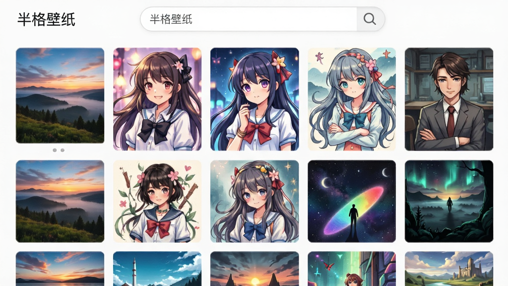 半格壁纸资源库页面展示,以网格形式呈现多张精美壁纸缩略图,包含风景、动漫、插画等类别,顶部搜索栏有“半格壁纸”字样,界面色彩丰富,干净明亮无多余元素
