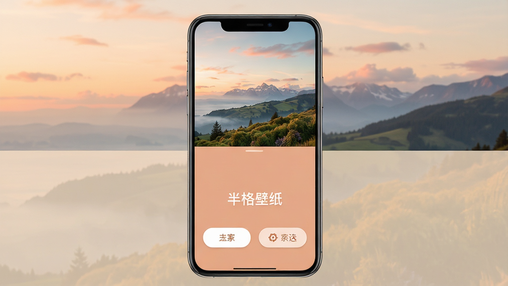 半格壁纸主界面展示,手机屏幕分成上下两个半格,上半格显示风景壁纸,下半格显示纯色背景,界面简洁现代,有“半格壁纸”应用名称和功能按钮,整体色调柔和,画质高清,干净无多余元素