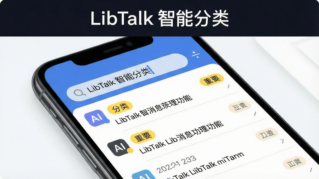 一张展示LibTalk智能消息管理功能的界面图,主体为手机屏幕内聊天列表,部分会话标有“重要”黄色标签,搜索栏高亮显示关键词,布局错落有致,风格实用清晰,细节体现AI分类图标与日期分组,画质干净无多余元素,顶部标注“LibTalk 智能分类”。