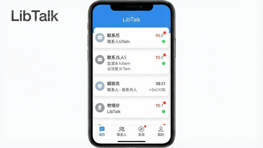 一张展示LibTalk应用主界面的高清截图,主体为智能手机屏幕上的聊天列表与底部导航栏,布局清爽,包含“消息”、“联系人”、“发现”、“我的”四个标签,排版采用卡片式设计,风格现代简约,以蓝白为主色调,细节上突出未读消息红点与在线状态指示,画质清晰干净,无多余元素,顶部文字标题为“LibTalk”。
