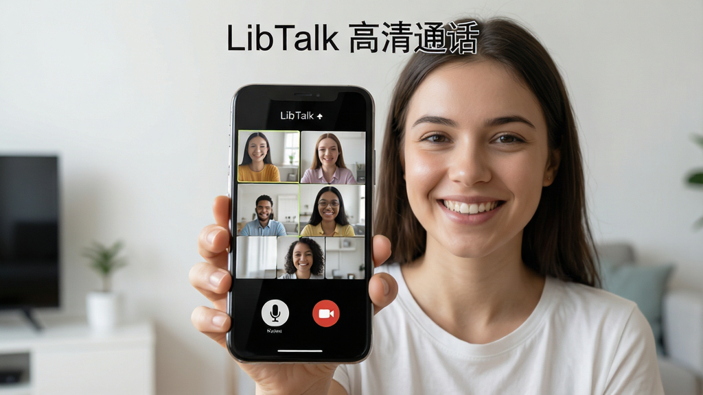 一幅展示LibTalk语音视频通话功能的场景图,画面主体为一位年轻女性手持手机进行视频聊天,屏幕内显示多人通话网格布局,左下方有麦克风与摄像头图标,背景为简约室内环境,聚焦通话界面,排版居中,风格写实自然,细节刻画人物笑容与屏幕反光,画质高清干净,无多余元素,屏幕上方标注“LibTalk 高清通话”。