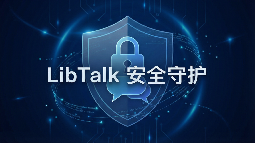 一张体现LibTalk安全加密特性的概念图,主体为抽象盾牌与锁形图标包裹着对话气泡,背景为深蓝色科技感光效,布局居中对称,风格极简且具未来感,细节处有微小数据流线条环绕,画质干净通透,无多余元素,图片中央显示“LibTalk 安全守护”字样。