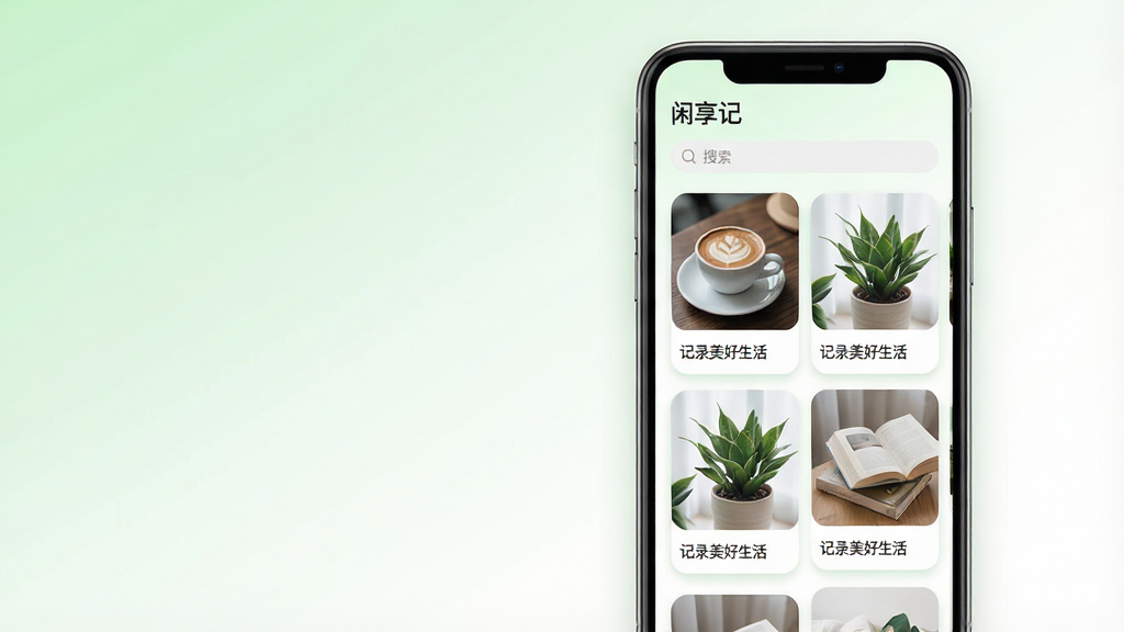 主体:一部亮着屏幕的智能手机,屏幕上显示“闲享记”APP的主界面,界面有精美的瀑布流图文卡片。布局:手机居中偏右,左侧留白,背景是淡雅的浅绿色与白色渐变,营造清新氛围。排版:手机屏幕内的内容清晰可见,上方有“闲享记”字样及搜索框,下方是错落有致的图片与文字卡片。风格:极简现代,扁平化插画与写实屏幕内容结合,光线柔和。细节:图片卡片展示生活场景如咖啡杯、绿植、书籍,加白色圆角边框,文字为“记录美好生活”。画质:高清渲染,干净通透,无多余元素。