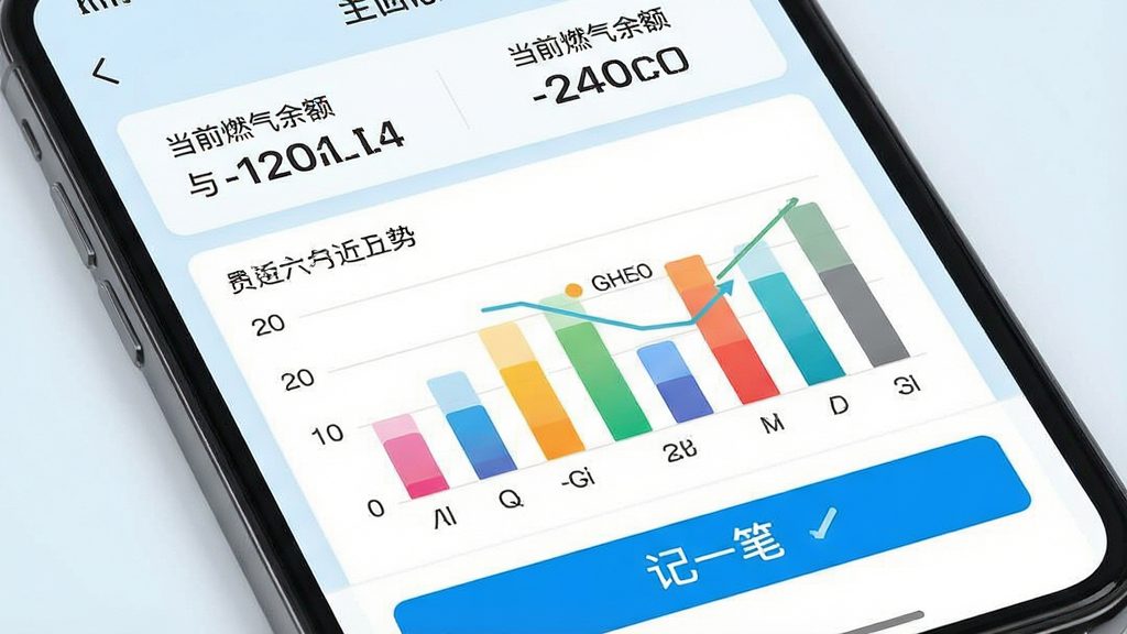 一张智能手机屏幕展示燃气记录费用软件的主界面,界面顶部显示当前燃气余额与本月用气量,中部以彩色柱状图展示近六个月费用趋势,底部设有清晰的“记一笔”按钮,背景为简洁的浅蓝色调,整体风格现代干净,画质高清,无多余元素